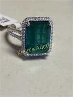 14K White Gold Natural Emerald & Diamond Ring W/Ap