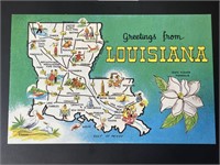 Vintage Louisiana Map & Flower Postcard