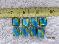 8 Vintage Glass Beads Square Foil Blue Green