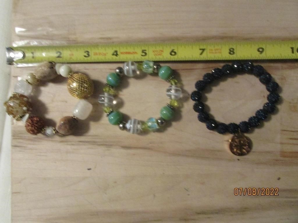 3 Bracelets W/ Glass Glitter Metal Beads
