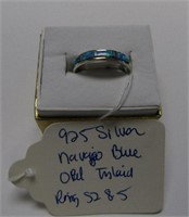 .925 Silver & Opal Inlaid Navajo Ring - SZ: 8 1/2