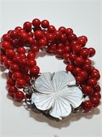 STERLING SILVER OXBLOOD RED CORAL MOTHER OF PEARL