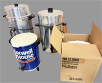 (2) Large coffee urns, mostly full box of BUNN