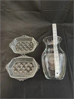 9 inch Vase and 2 fancy glass trays