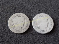1907 and 1911 Barber silver dimes