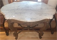 VICTORIAN PARLOR TABLE GRAINED WHITE MARBLE, ROSE