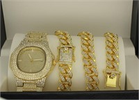 3pc Set Gold Plated Miami Cuban Link Cubic