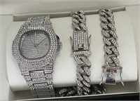 3pc Set Silver Plated Miami Cuban Link Cubic