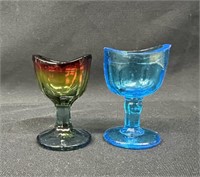 (2) Glass Eye Wash Cups Iridescent + Light Blue