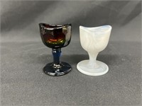 (2) Glass Eye Wash Cups: Amberina to Blue 2 5/8"