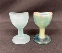 (2) Glass Eye Wash Cups: Satin & Slag Blue 2.5"