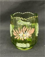 Victorian Green Glass 4"t Painted Spooner