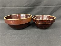 (2) Antique Brown Stoneware Crock Mixing Bowls