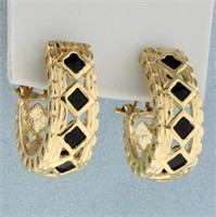 Vintage Onyx J Hoop Earrings in 14K Yellow Gold