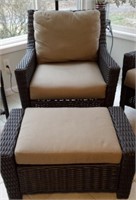 Faux Wicker Arm Chair and Ottoman with Cushions