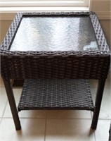 Faux Wicker Side Table with Tempered Glass Top