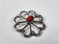 SIGNED STERLING SILVER & CORAL PIN BROOCH
