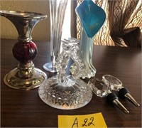 B - 3 VASES, CANDLE HOLDER, BOTTLE STOPPERS (A22)