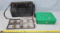 16" Leather Purse, Money Box, & Candle Holders