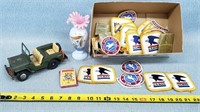US Mail Badges, Tin Jeep, & Vase