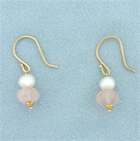 Pink Quartz and Pearl Dangle Earrings in 14k yello