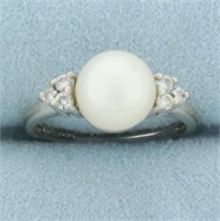 Akoya Pearl and Diamond Ring in 14k White Gold