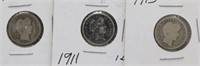 (3) Barber Silver Dimes. Dates Include (2) 1911,