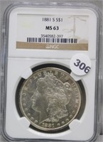 1881-S NGC MS63 Morgan Silver Dollar.