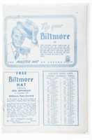 Biltmore Vintage Hat, Adv't Card with Leaf Schedul