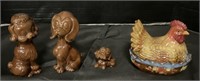 Porcelain Dog Family, Rooster Candy Dish.
