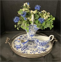 Blue Decorated Chinaware & Serving Platter.