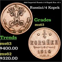 1910 Imperial Russia 1/4 Kopek Km: 47.1 Grades Sel