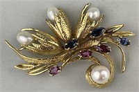 14K Gold Pin W/ Cult Pearls, Rubies & Sapphires.