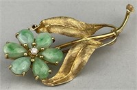 14K Gold, Diamond & Jade Flower Brooch.