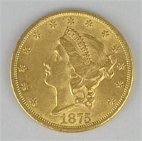 1875-S $20 Liberty Head Double Eagle Gold Coin.