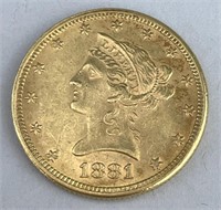1881 $10 Liberty Head Eagle Gold Coin.