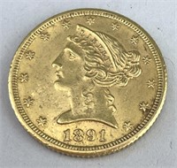 1891-CC $5 Liberty Head Half Eagle Gold Coin.