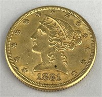 1881 $5 Liberty Head Half Eagle Gold Coin.