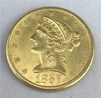 1857 $5 Liberty Head Half Eagle Gold Coin.