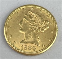 1886-S $5 Liberty Head Half Eagle Gold Coin.