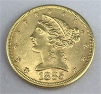 1885 $5 Liberty Head Half Eagle Gold Coin.