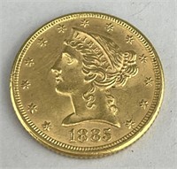 1885 $5 Liberty Head Half Eagle Gold Coin.