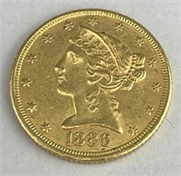1886 $5 Liberty Head Half Eagle Gold Coin.