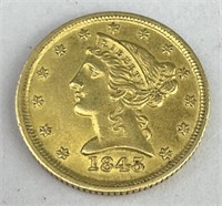 Rare 1845-D $5 Liberty Head Half Eagle Gold Coin.
