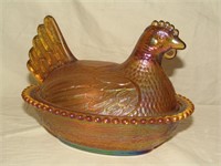 Iridescent Amber Glass Chicken Lidded Bowl
