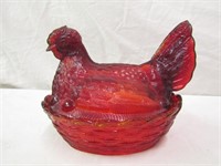 Red Glass Chicken Lidded Bowl Approx 5" T