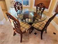 HEAVY BEVELED GLASS TABLE AND 4 UPHOLSTERED CHAIRS