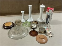 Vintage glass items and other clocks.