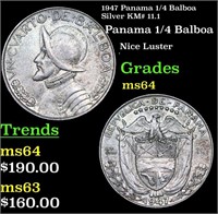 1947 Panama 1/4 Balboa Silver KM# 11.1 Grades Choi