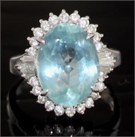 Platinum 6.29 ct Natural Aqumarine & Diamond Ring